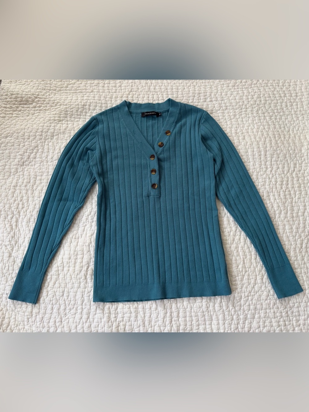 Teal Ribbed V-Neck Button Pullover Sweater